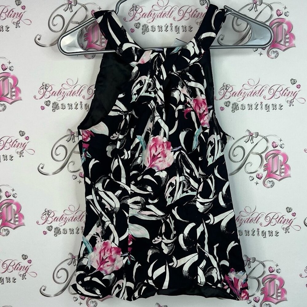 White House Black Market halter top twist floral Black and Pink blue white
